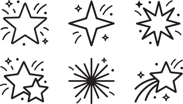 Six black and white line of stars and bursts, with small dots and curved lines, on a white background