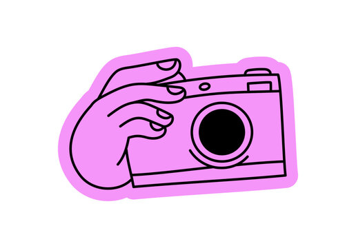 Vector hand drawn doodle gesture, mascot and character hands holding camera and making photo, blogger and content creator