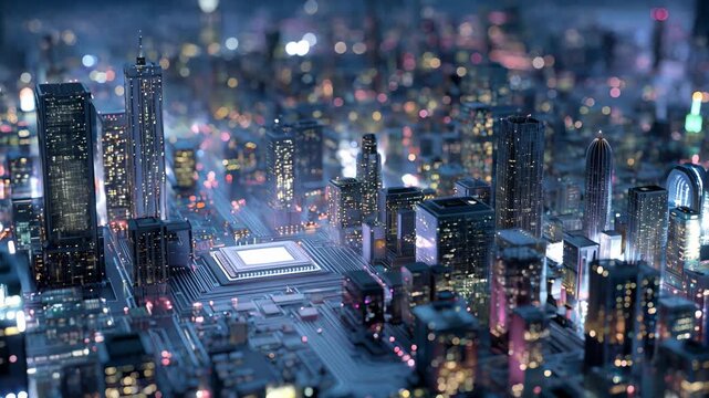 Futuristic cityscape with glowing lights and circuit board elements at night