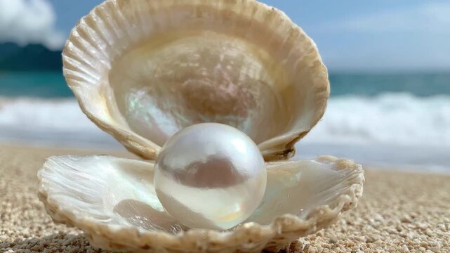Close-up of shiny white pearl inside open seashell on sandy beach with blurred ocean waves and clear blue sky in background showcasing natural beauty and marine treasure