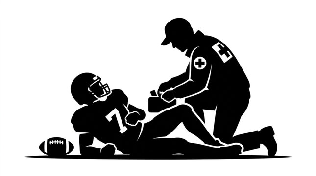 paramedic or medic giving first aid to injured athlete on field