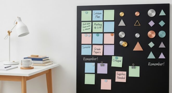 Modern home office workspace with a black magnetic wall board, desk lamp, and organized sticky notes for planning and productivity