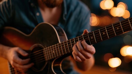 Obraz premium Man strums acoustic guitar softly