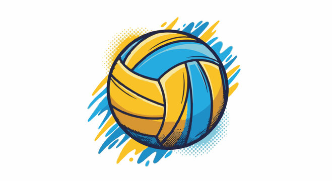 Dynamic vector illustration of a yellow and blue water polo ball with stylistic paint splashes and halftone textures, isolated on white background for athletic branding.