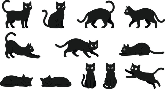 Black cat vector cartoon collection set featuring cute spooky kittens in diverse poses including stretching walking sitting sleeping and jumping isolated on white background