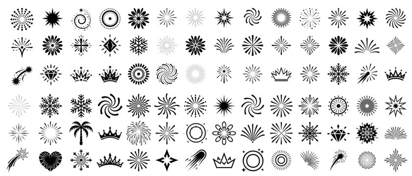 Fireworks star icon mega set, festive celebration symbol collection