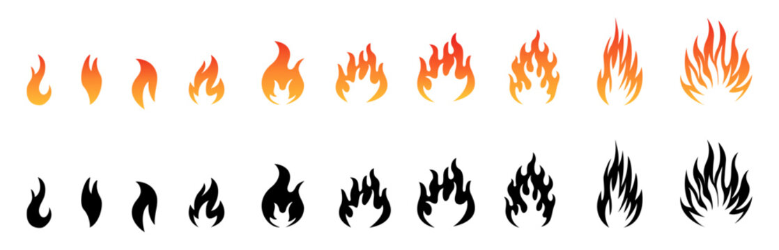 Cartoon campfire. Fire flames, bright fireball, heat wildfire and red hot bonfire, campfire, red fiery flames isolated vector illustration set. Animated form and square, fireball and flame