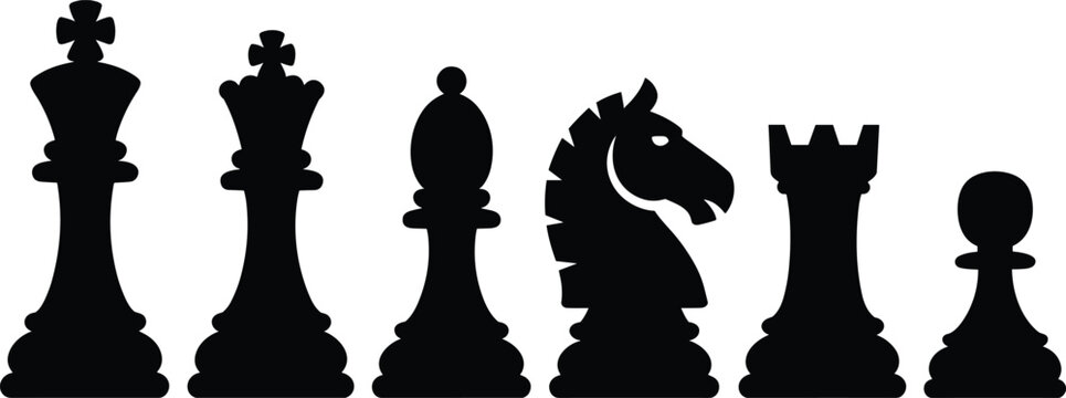 Chess Piece Silhouette Set Featuring King, Queen, Bishop, Knight, Rook, and Pawn Icons for Strategy and Board Game Designs