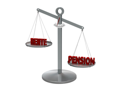 Konzept mit Waage und Rente und Pension im Vergleich als Symbol f&uuml;r Ungerechtigkeit als Freisteller