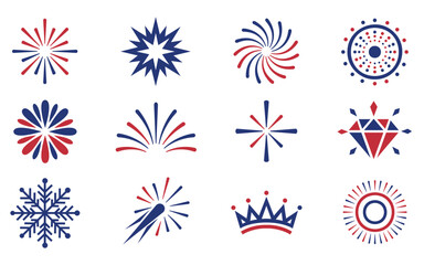 Fototapeta premium Patriotic fireworks burst icon set, USA independence celebration symbol collection