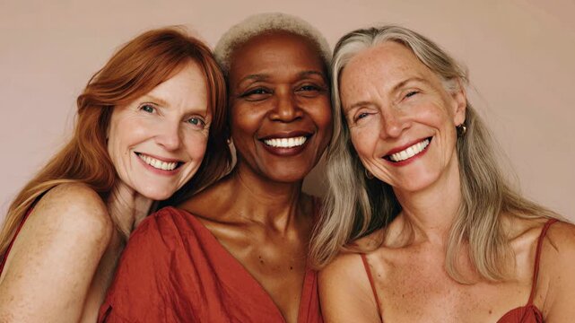 Diverse group of smiling senior women celebrating friendship and aging gracefully together