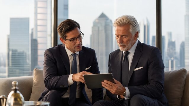 Business meeting between two men in formal suits discussing plans in a high-rise office with city view during daytime
