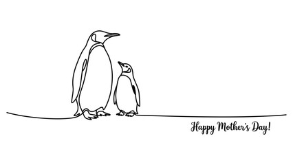 Continuous single line drawing of a mother penguin and her baby chick for happy mother's day greeting card design © Sapna Rani
