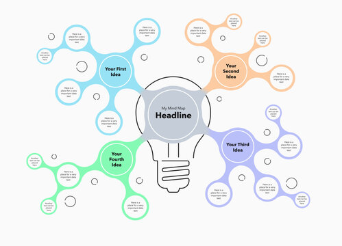 Mind map diagram with a light bulb as a main symbol and place for your content. Presentation template for clear and effective project data visualization.