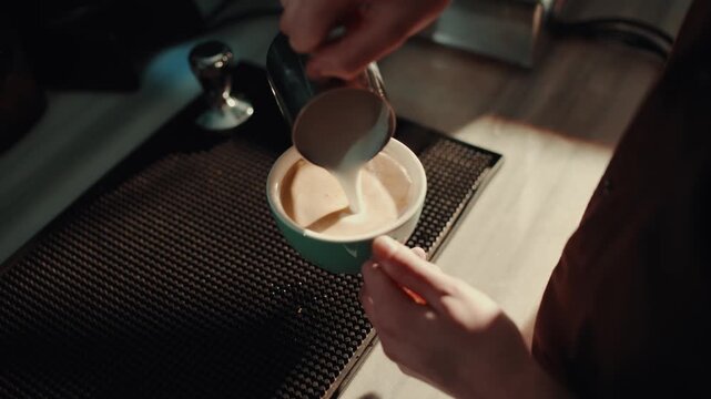 Close-up of coffee machine brewing espresso, hands preparing fresh coffee