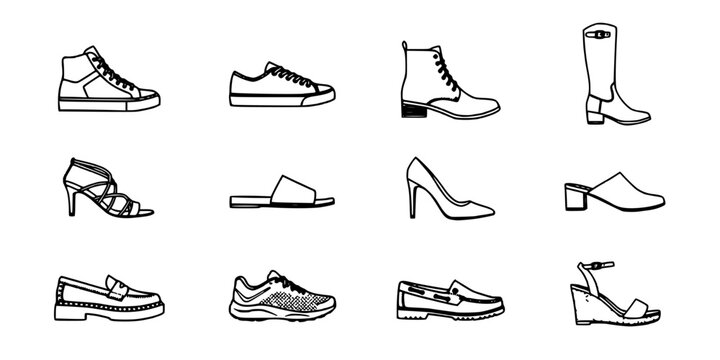 Shoes Icon Set in Black and White Vector Style Featuring Sneakers, Boots, Heels, and Loafers Arranged in a Grid