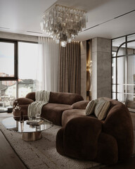 Fototapeta premium Sophisticated luxury living room with chandelier and panoramic city view