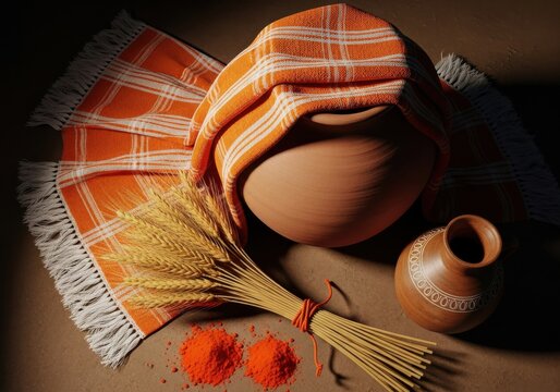 Clay Pots and Wheat Stalks with Orange Gamucha on Earthy Background for Indian Harvest Festival and Rural Heritage Concept