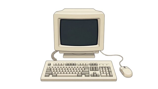 Vintage beige personal computer with a bulky monitor keyboard and mouse on white background