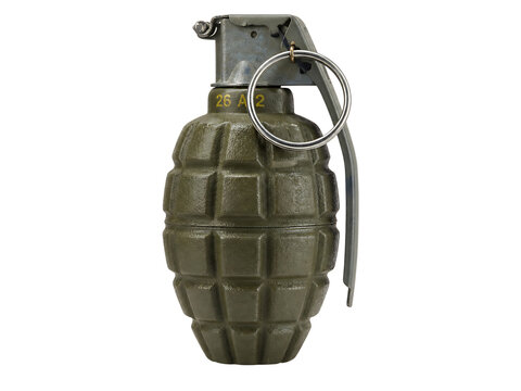 Green military grenade with pin and safety clip isolated on transparent background