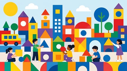 Obraz premium Colorful Geometric Playground City Educational Mural With Urban Learning Theme