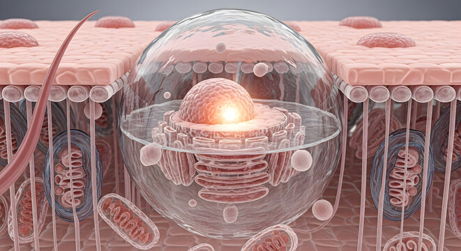 A detailed 3d render of a biological cell nucleus showing internal structures like the nucleolus and nuclear envelope in a pink and gold scientific visualization style