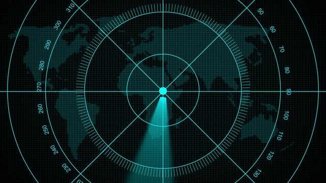 Radar screen loop with scanning beam circular grid. Radar scanning technology background. HUD call loading radar targets objects. Futuristic scanning targets object, detection icon.