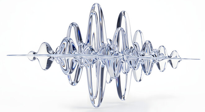 Abstract metallic sound wave visualization with chrome finish and smooth liquid curves representing audio frequency and digital data pulses in a high tech modern style design
