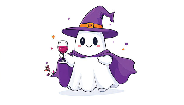 Cartoon ghost in witch hat drinking.