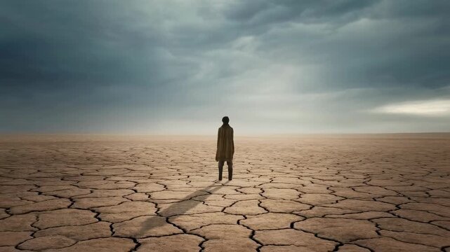 Solitary figure standing on cracked earth under a dramatic sky. Represents isolation, environmental change, and the impact of climate change on landscapes