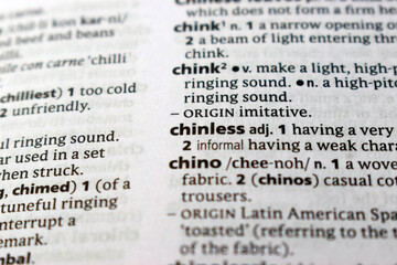 Fototapeta premium Detail Of English Dictionary Page And Word Pronunciation Of - chinless