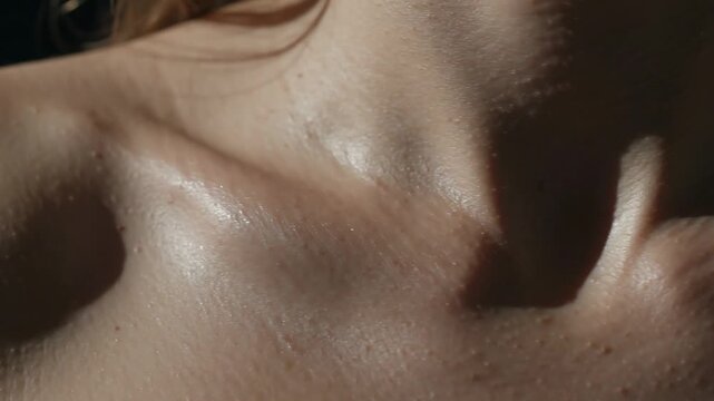 Macro Shot of Female Neck Clavicle Bone Breathing and Swallowing