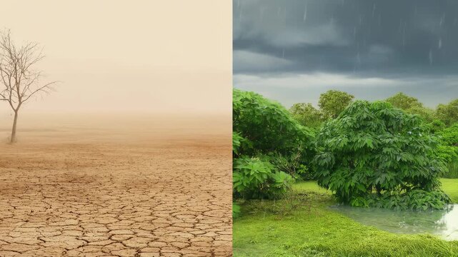 Split-screen comparison of drought-stricken land and lush greenery after rainfall. Illustrates the impact of climate change on ecosystems and water resources