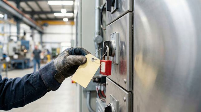 Industrial safety, gloved worker applying lockout tagout device with blank tag on machinery control panel in factory, critical equipment maintenance and risk prevention.