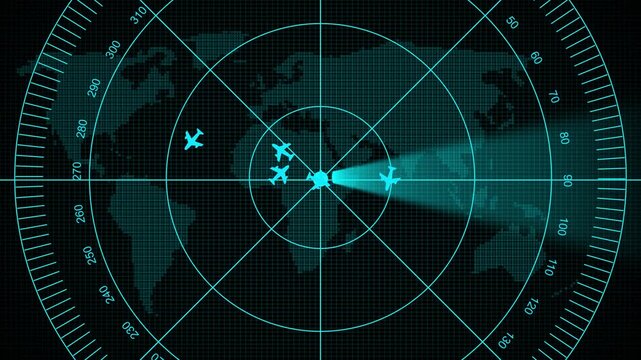 Futuristic radar display, Glowing screen scanning with light rays beam on earth technology background. An air traffic control tower equipped with radar. High-tech radar scanner for flight coordinates 
