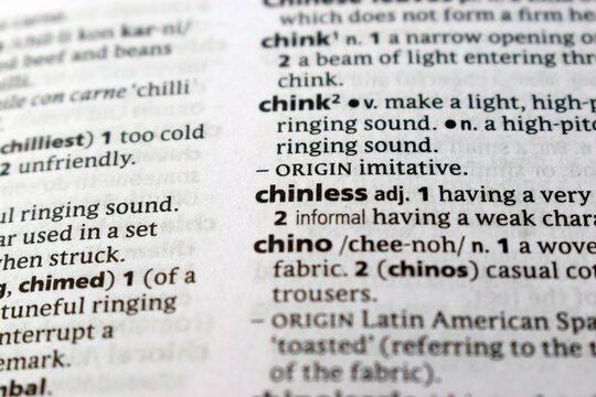 Detail Of English Dictionary Page And Word Pronunciation Of -  chinless