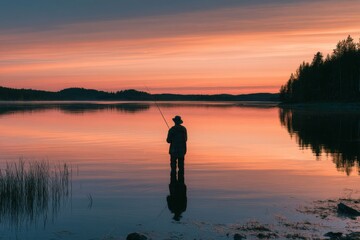 Fototapeta premium Silhouetted fisherman stands still at sunset's edge