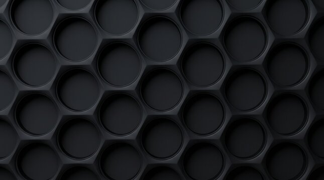 Close-up view of a dark grey textured surface featuring a repeating pattern of recessed circular indentations within hexagonal cells, creating a modern abstract background.