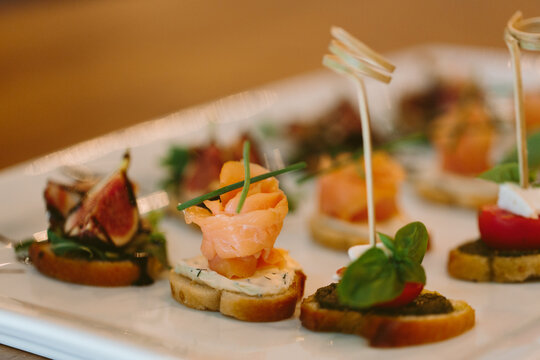 Gourmet canap?s with smoked salmon and garnish