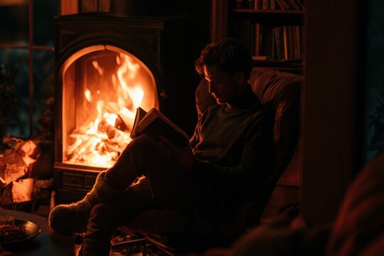 Warm fire crackles beside cozy seated reader