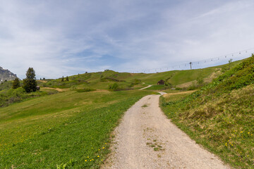 Naklejka premium panorama with wooden hut or holiday house on spring colored meadows. spring in forested mountains with foggy sky in Bregenz forest, Vorarlberg, Austria. holiday destination for hike and skiing