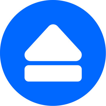 Eject icon on bold blue circle badge for eject media button disc CD DVD player remove exit app UI control music video player device web on transparent background