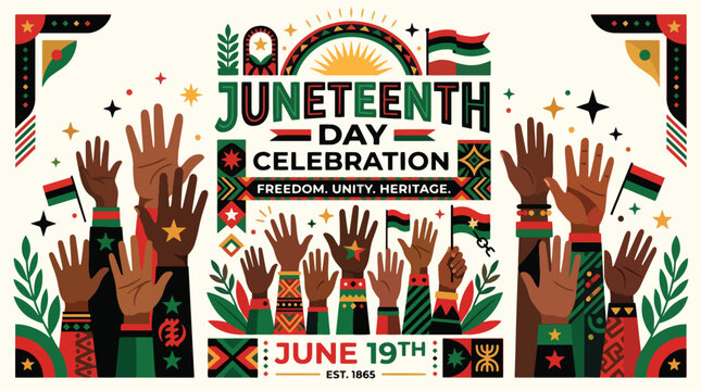Jubilation Celebrating Juneteenth Day with Diverse Hands Raised High.