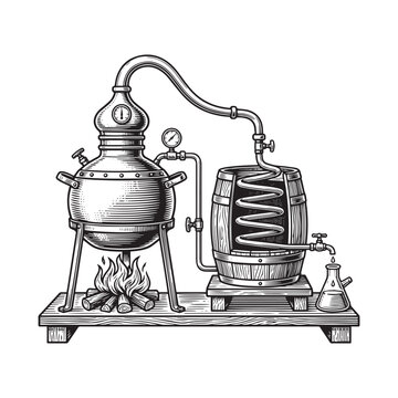 Vintage sketch drawing of an old copper moonshine still apparatus vector illustration