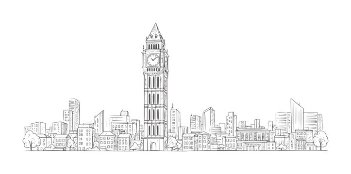 Hand drawn of a city skyline featuring Big Ben clock tower