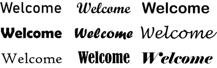 Welcome text typography bundle vector set. Creative calligraphy, handwritten script, and modern lettering font design pack for greeting cards and doormats. © TAHERA