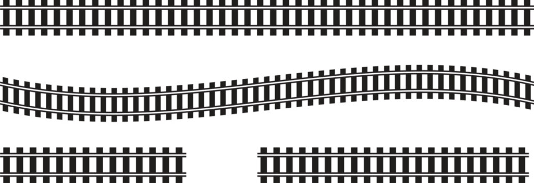 Railway track seamless border vector pattern. Black train railroad silhouette and wavy subway line element for transportation, travel journey, and logistic design.