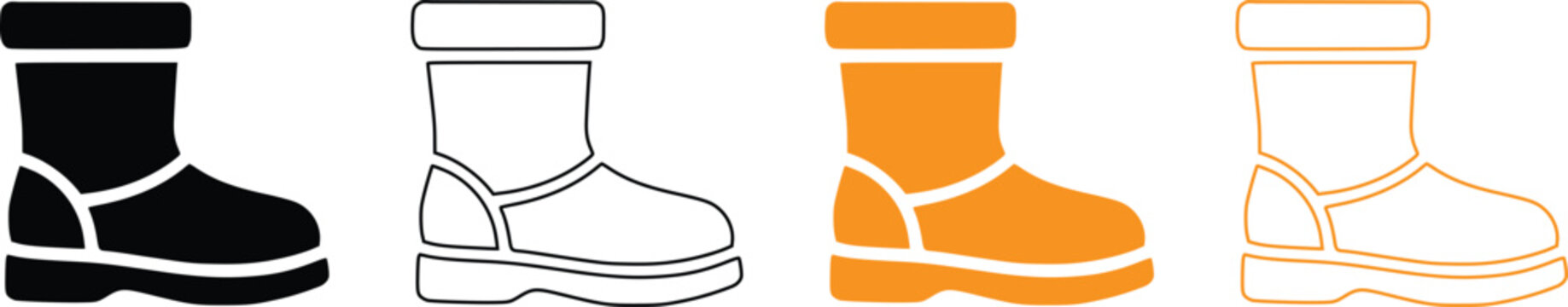 Winter boots and rubber rain boot icon vector set. Protective footwear silhouette and line symbol collection for autumn weather, cold season, and outdoor fashion.