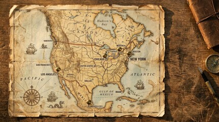 Fototapeta premium Antique Map of North America on Wooden Table