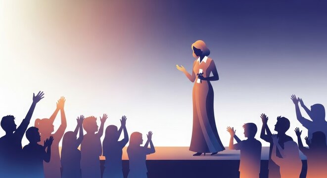 A woman standing on a stage holding a diploma, addressing a crowd of people who are clapping and cheering in a celebratory atmosphere